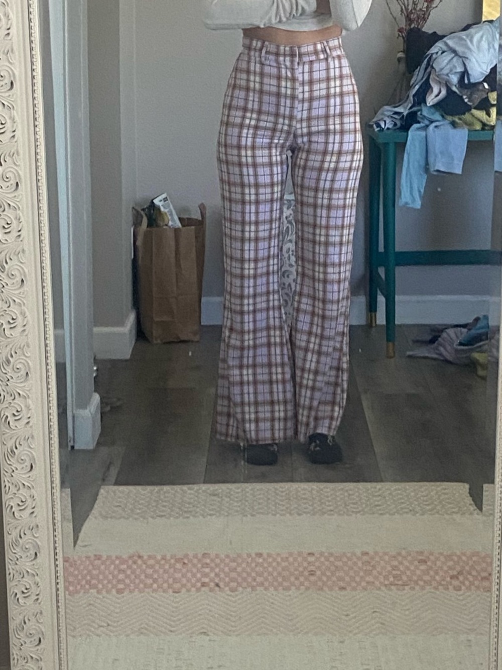 Free People Plaid Boot Cut Flare Pants in Mauve and Cream